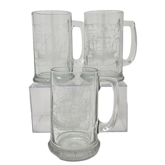 VTG Long John Silvers Columbus Voyage Nautical Sailing Ships Glass Mug Set of 3 - Picture 2 of 16